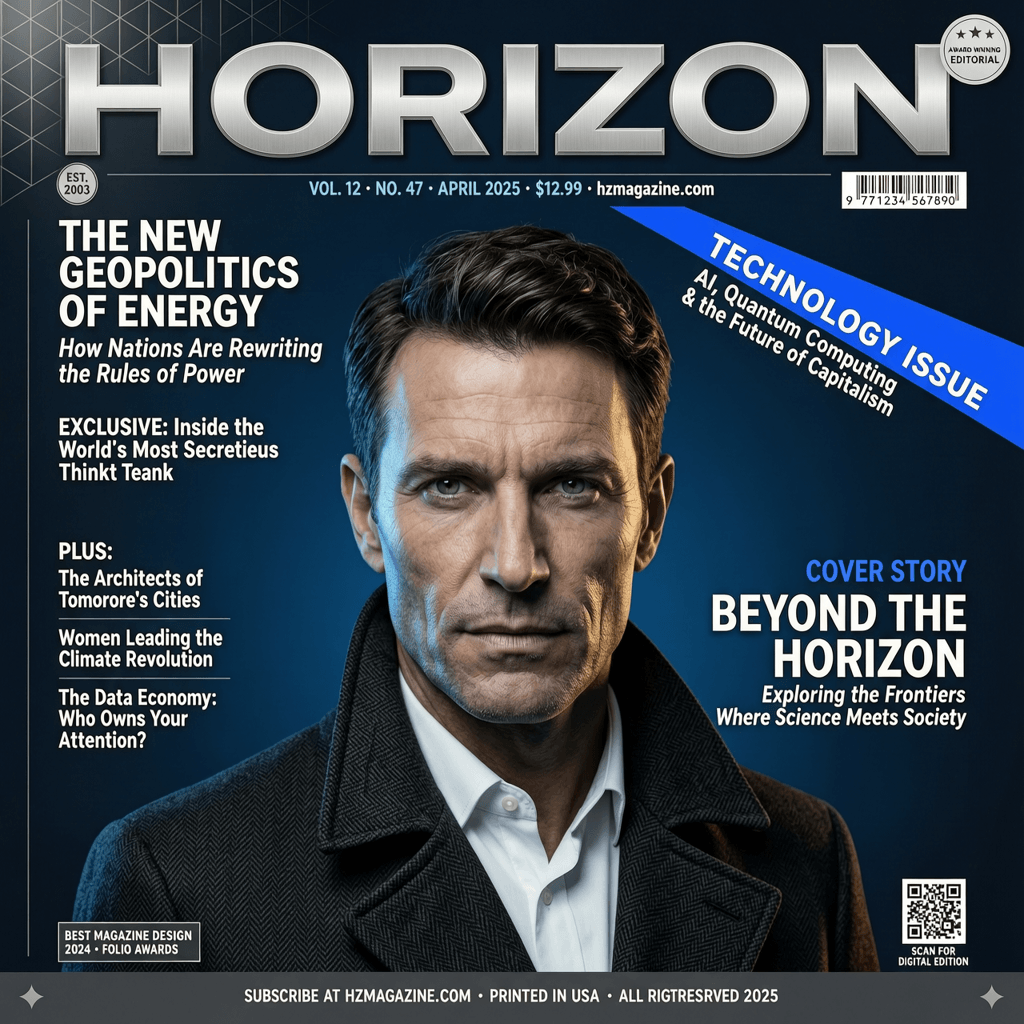 Wan Image 2.7 Pro magazine cover reading 'HORIZON' with a bold masthead, cover lines, and a striking portrait