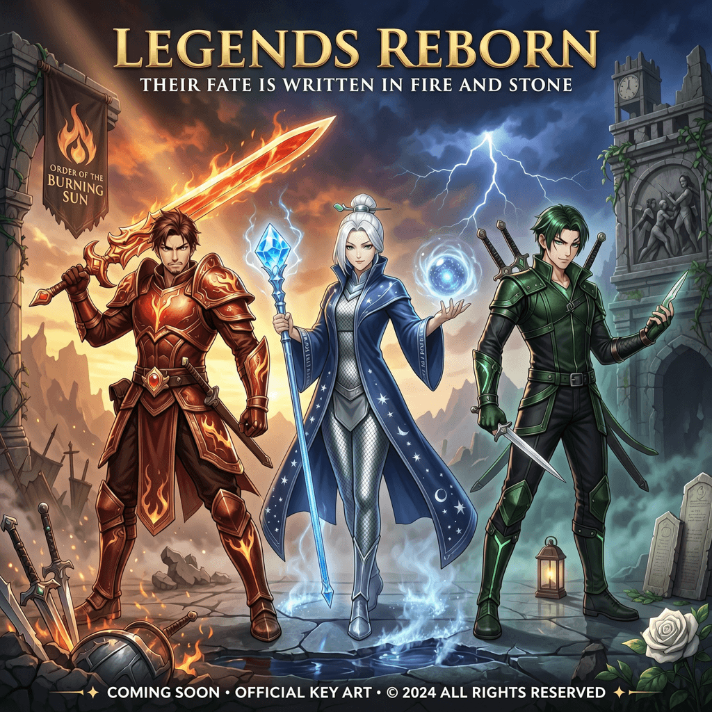 Wan Image 2.7 Pro high-resolution promotional key art with three characters, each with a distinct, consistent look