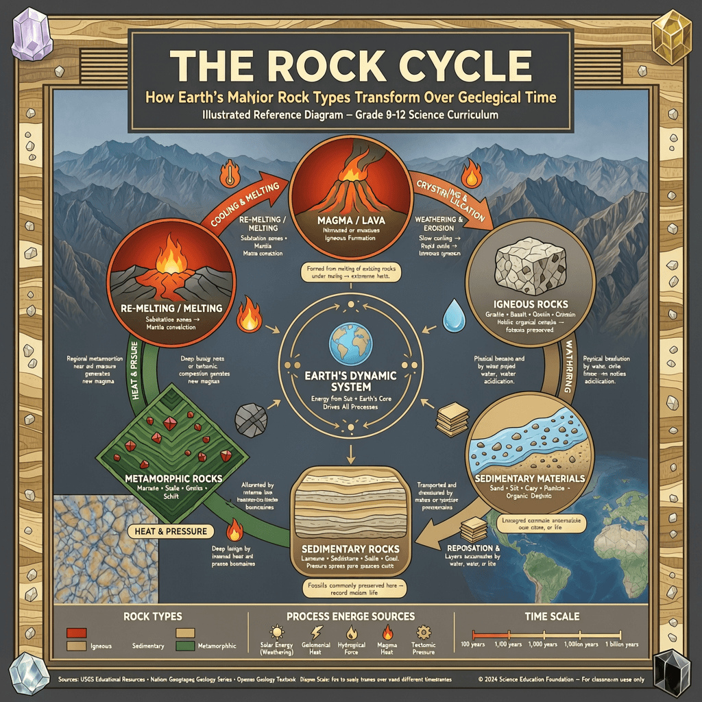 Wan Image 2.7 educational diagram explaining the rock cycle with labeled stages and readable captions