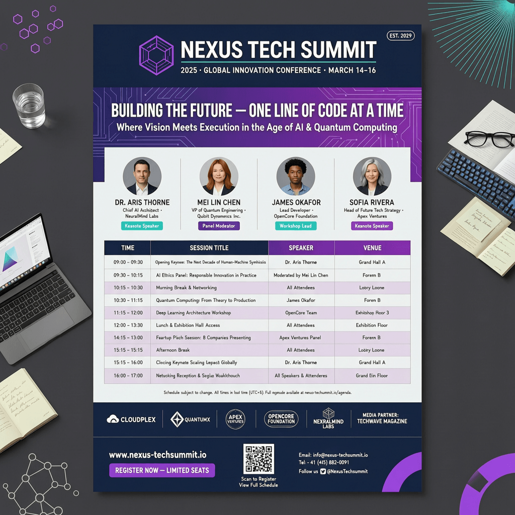 Wan Image 2.7 A4 tech conference poster with a structured layout, readable headings, and a schedule table