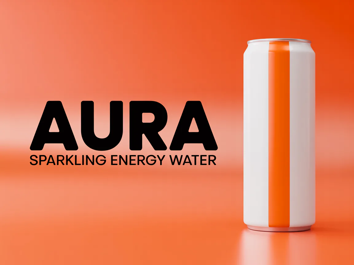 Ad key visual for a fictional sparkling water brand, a white can beside the headline AURA