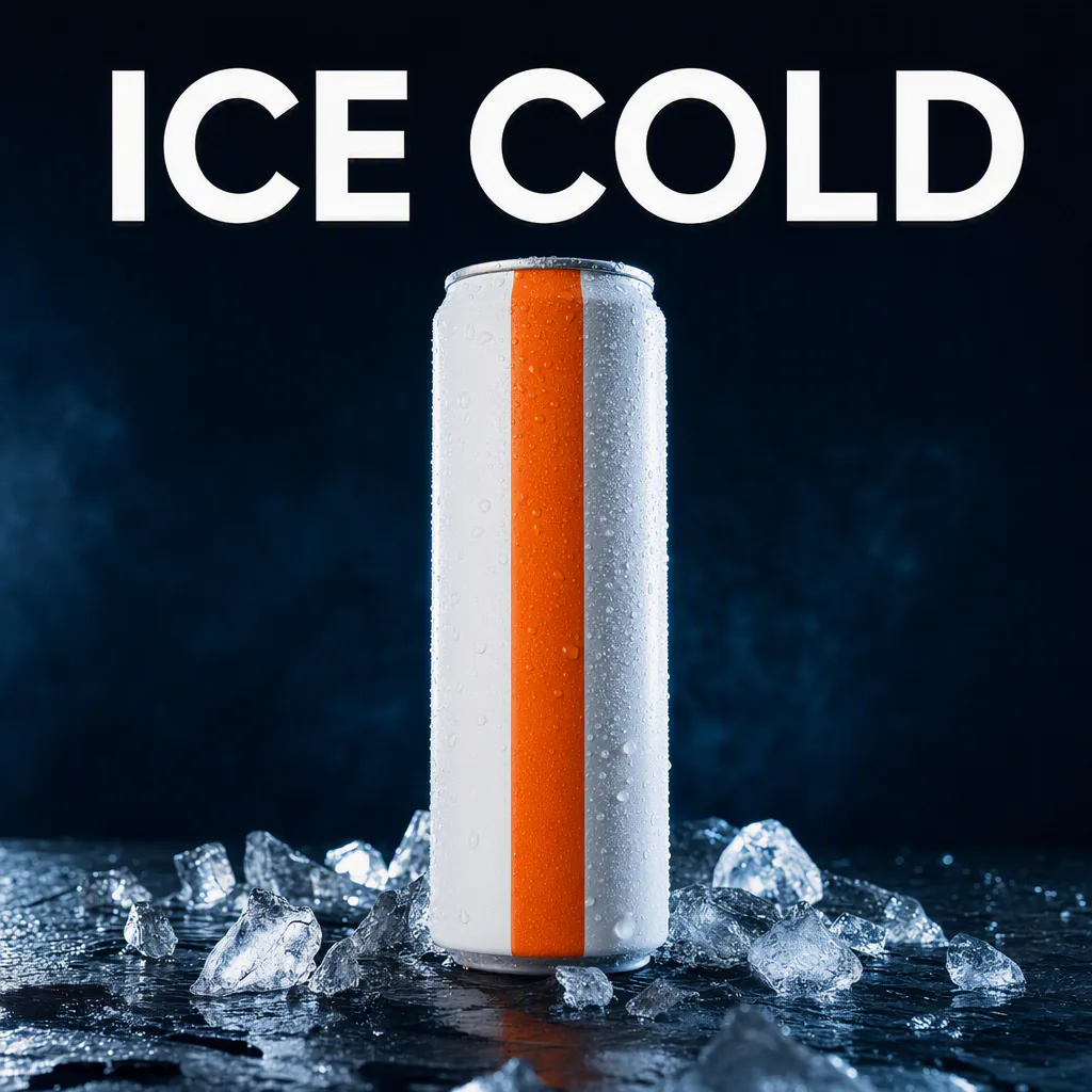 White can with a coral stripe on wet dark stone surrounded by ice, headlined ICE COLD