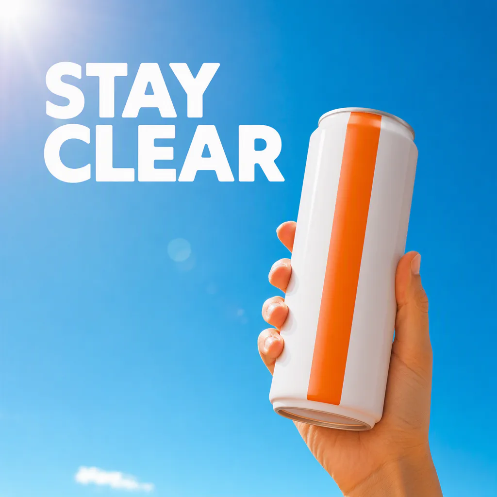 Hand holding a white can with a coral stripe against a blue summer sky