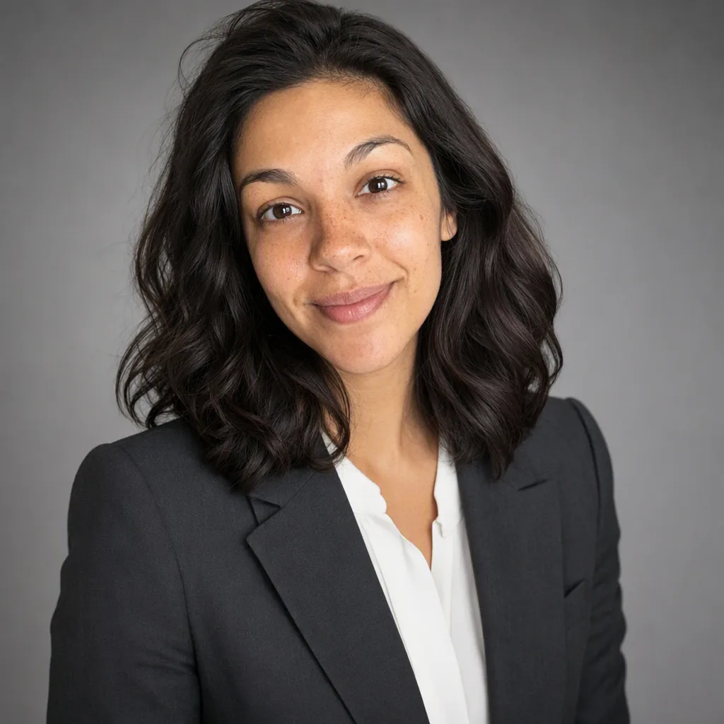 Corporate headshot of the same woman in a charcoal blazer