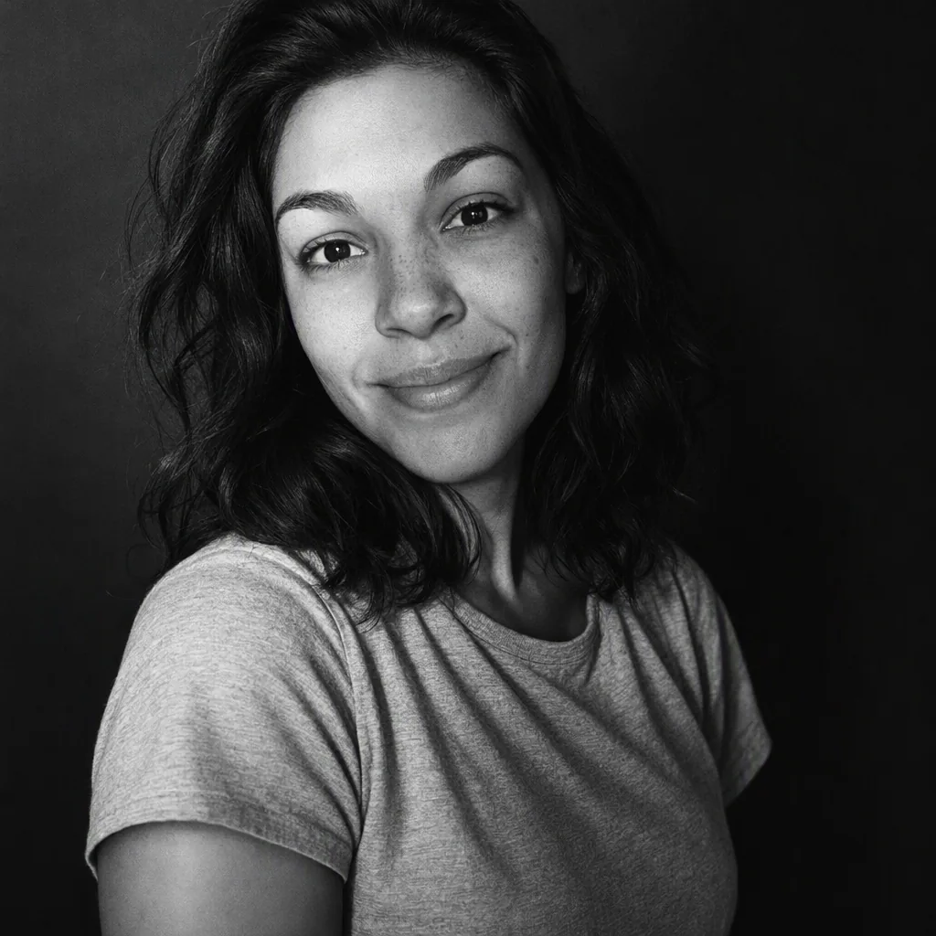 High-contrast black and white editorial portrait of the same woman