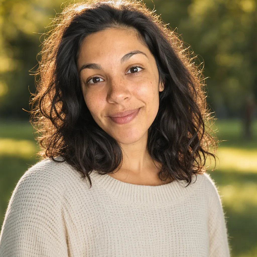 Outdoor golden hour portrait of the same woman in a cream jumper