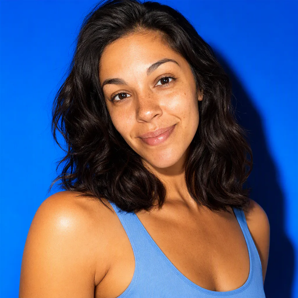 Bold studio portrait of the same woman against an electric blue backdrop