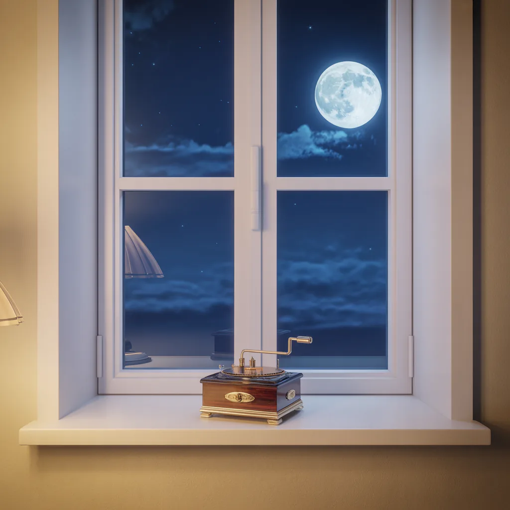 Cover art for a lullaby: a small music box on a moonlit windowsill