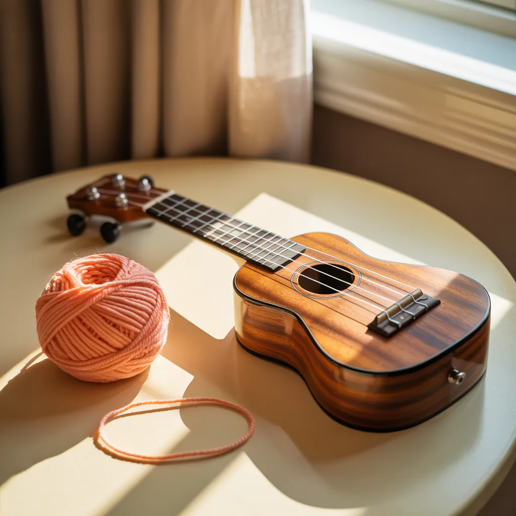 Cover art for a playful ukulele track: ukulele and orange yarn in morning light
