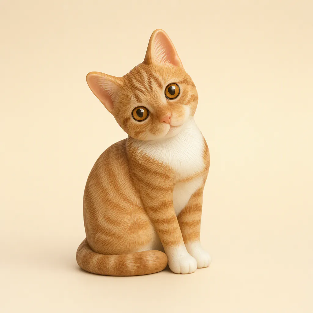 Studio photo of a vinyl figure of the same orange tabby cat