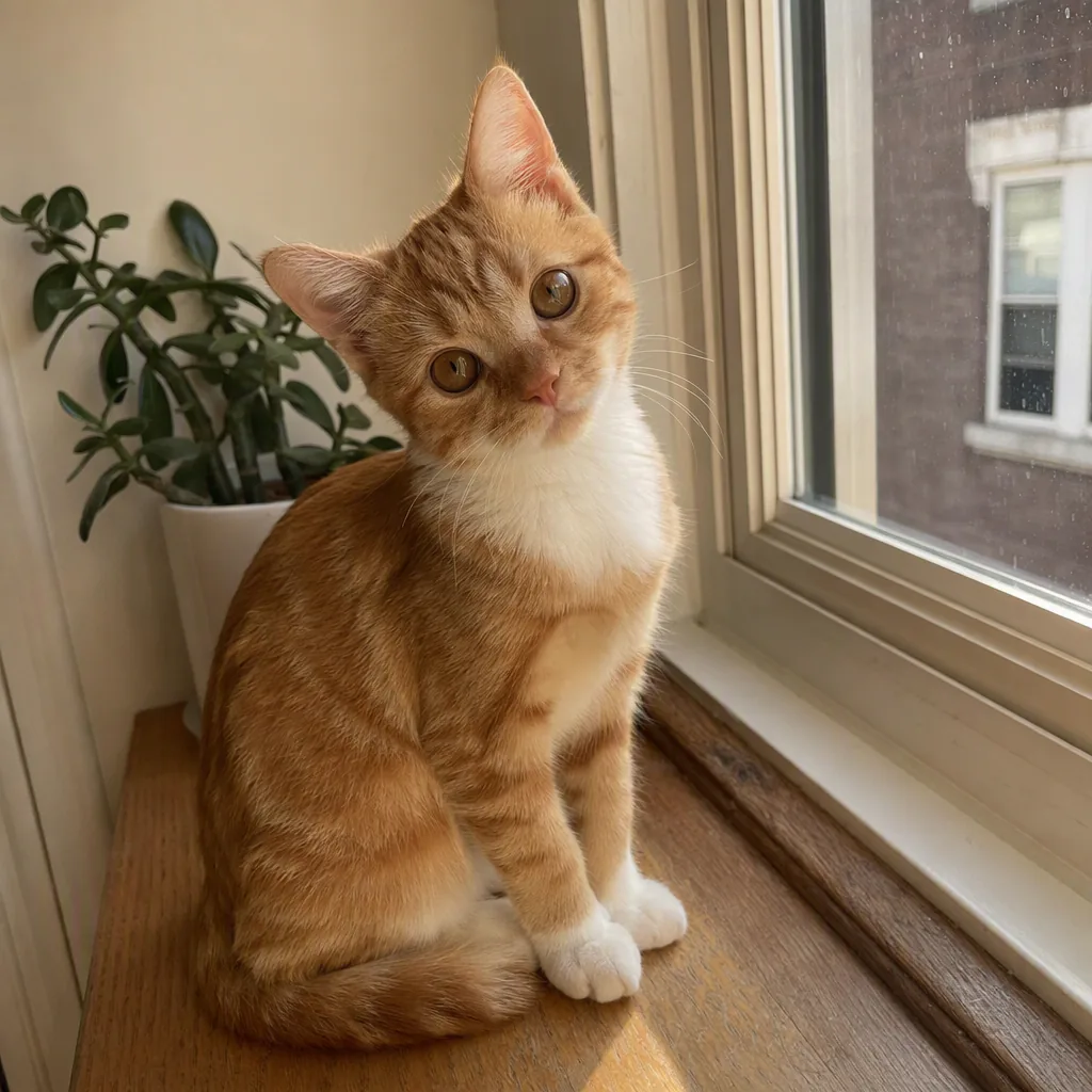 Photoreal photograph of an orange tabby cat sitting on a sunlit windowsill