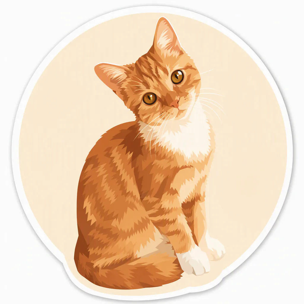 Flat illustrated sticker of the same orange tabby cat on a cream circle