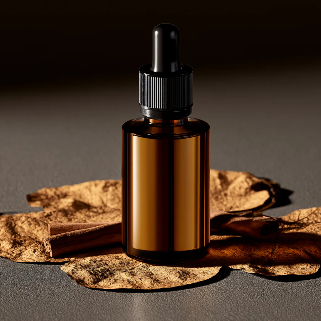 Amber serum bottle resting on dried autumn leaves and cinnamon bark