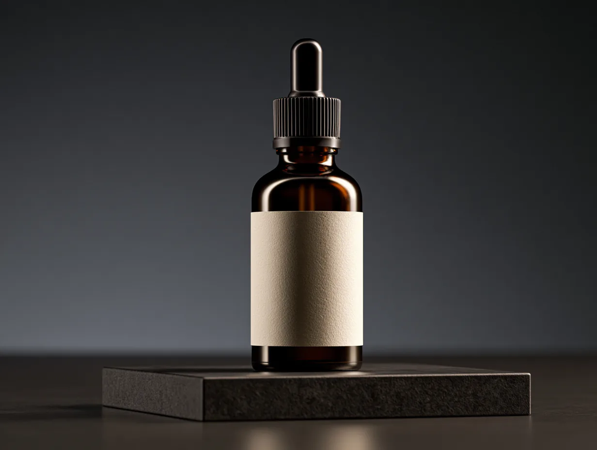 AI-generated product photo of an amber glass serum bottle on a dark slate plinth