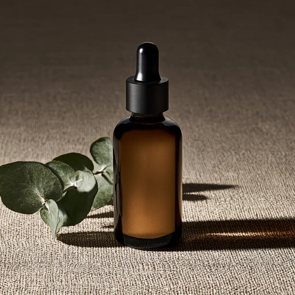 Amber serum bottle on woven linen next to a eucalyptus sprig in hard sunlight