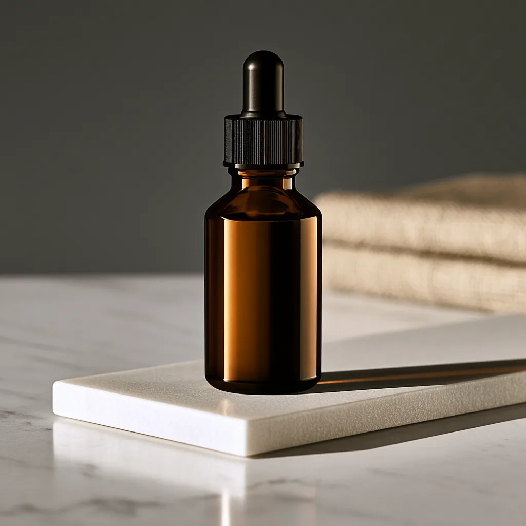 Amber serum bottle on a white marble vanity beside a folded linen towel