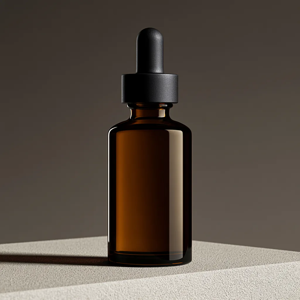 Amber serum bottle on a sandstone pedestal against a warm grey seamless backdrop
