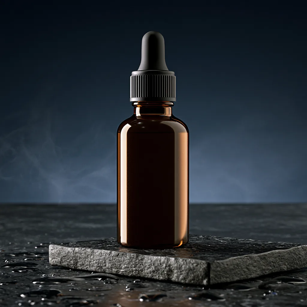 Amber serum bottle on a wet granite slab under cool blue lighting