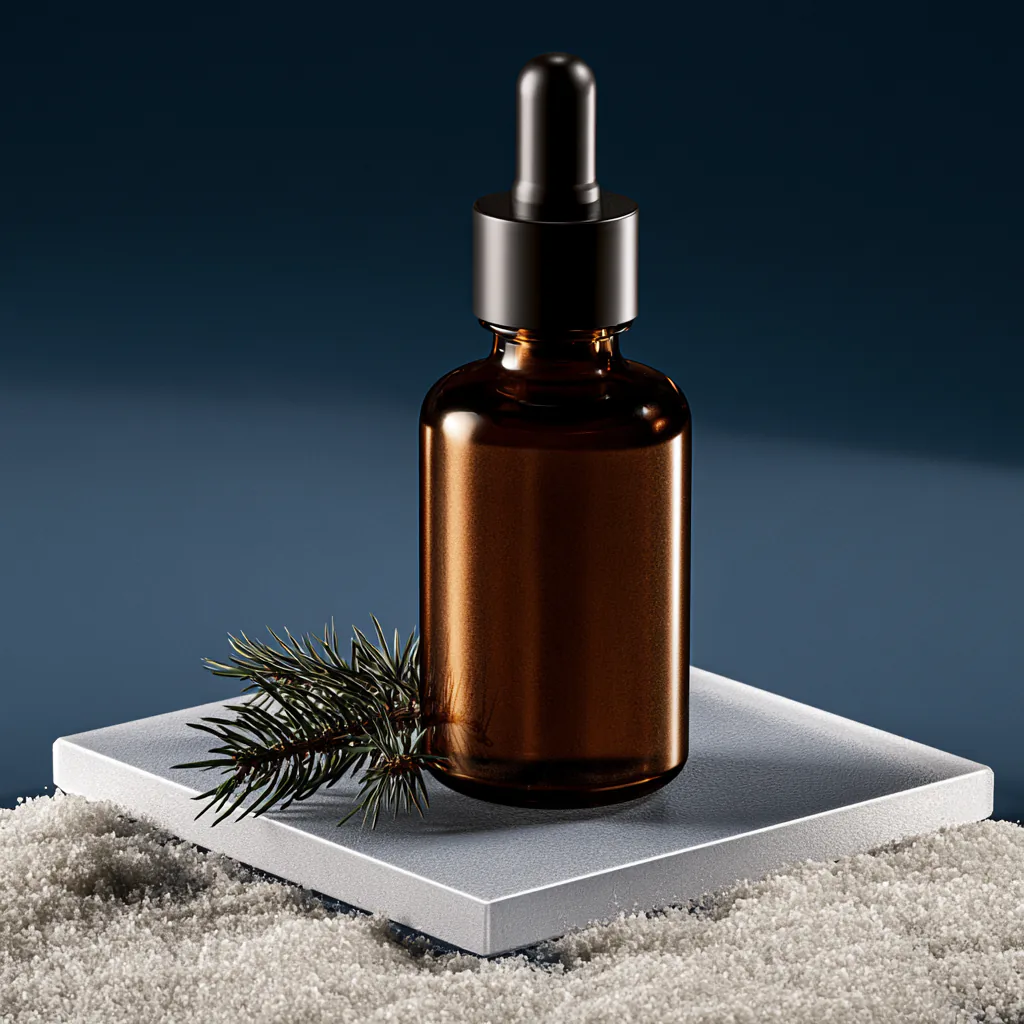 Amber serum bottle on a frosted stone tile in snow with a pine sprig
