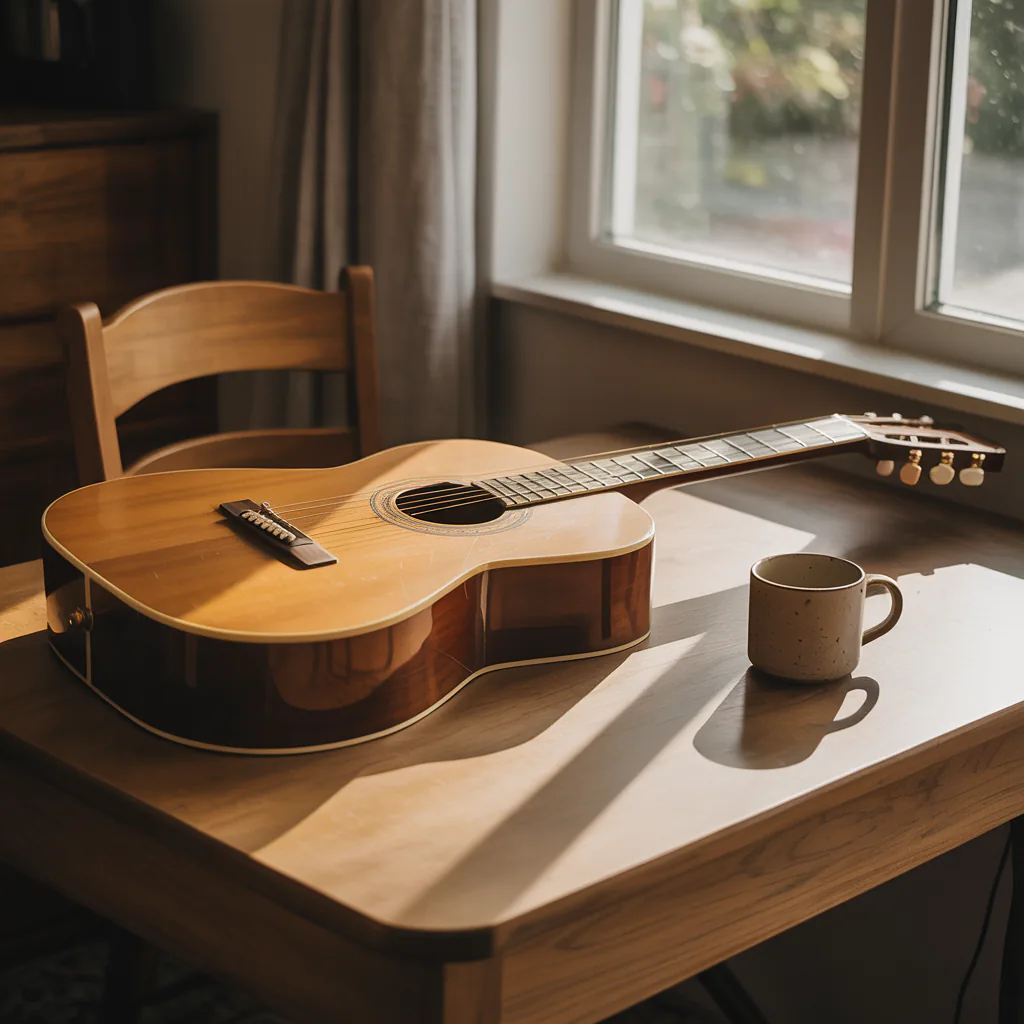 Cover art for an acoustic track: guitar and mug on a kitchen table in morning light