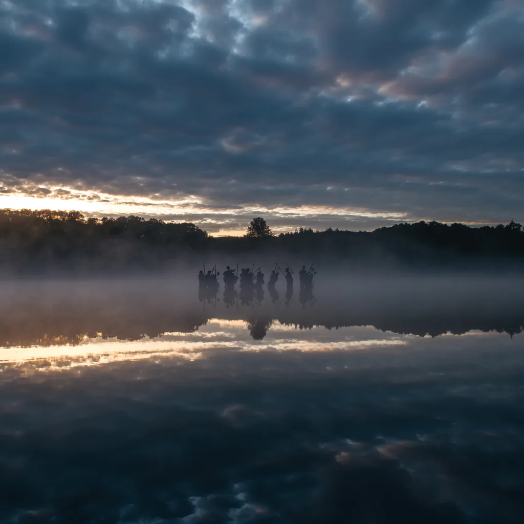 Cover art for a cinematic score: dawn light over a misted lake