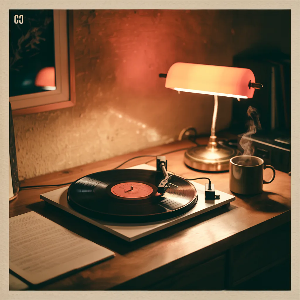 Cover art for a warm lo-fi instrumental: vinyl on a wooden desk under an amber lamp