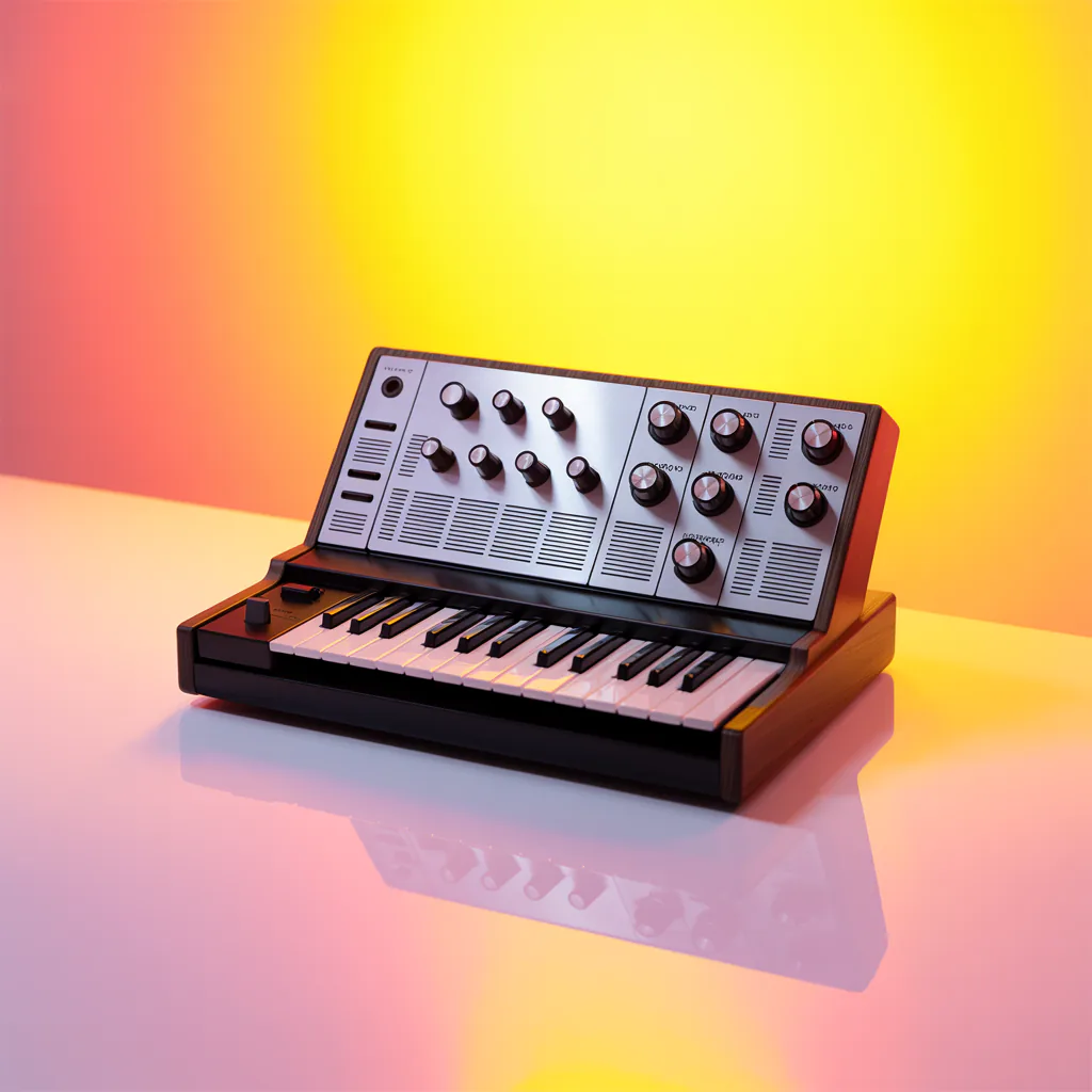 Cover art for an upbeat electronic track: analog synthesizer on a glowing table