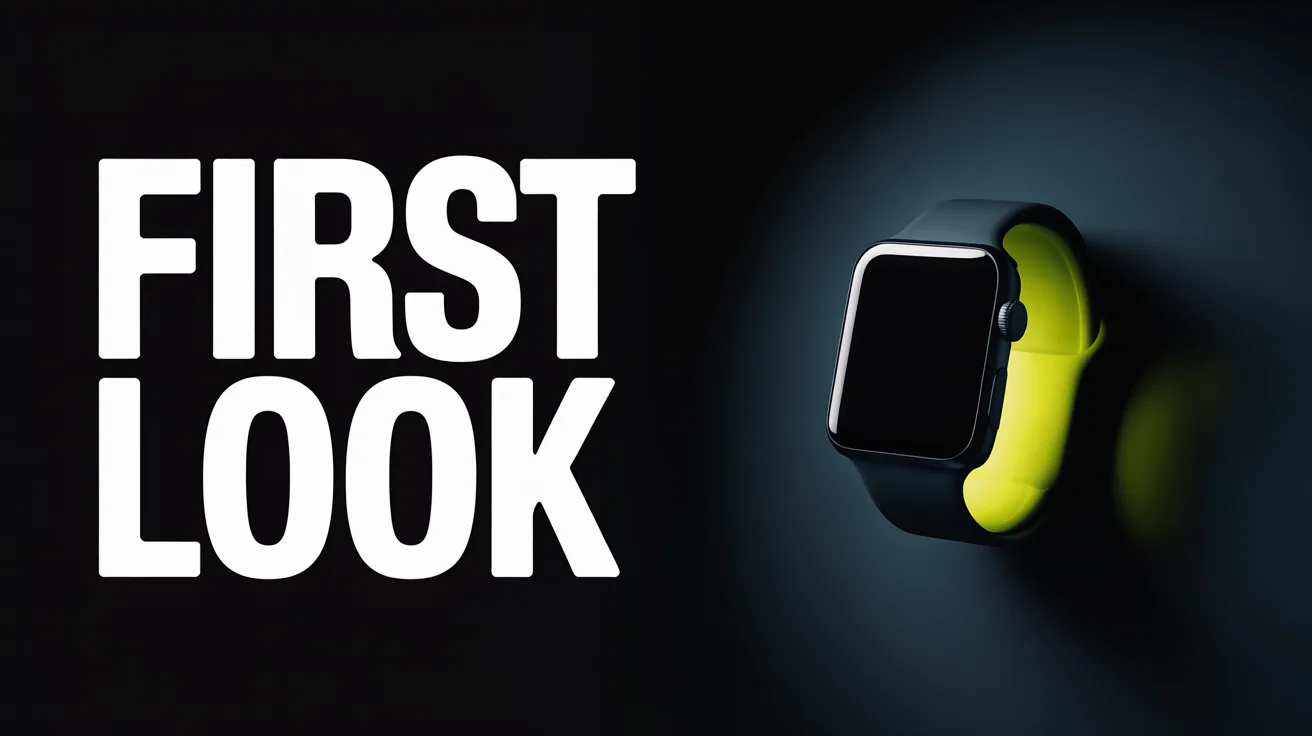 Video thumbnail reading FIRST LOOK beside a smartwatch emerging from shadow