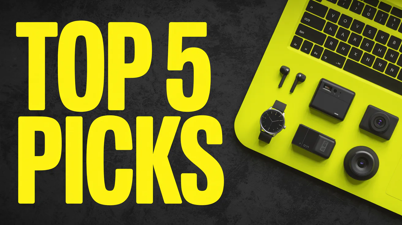 Video thumbnail reading TOP 5 PICKS above a row of small gadgets