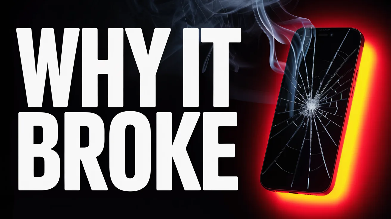 Video thumbnail reading WHY IT BROKE beside a cracked phone screen lit in red